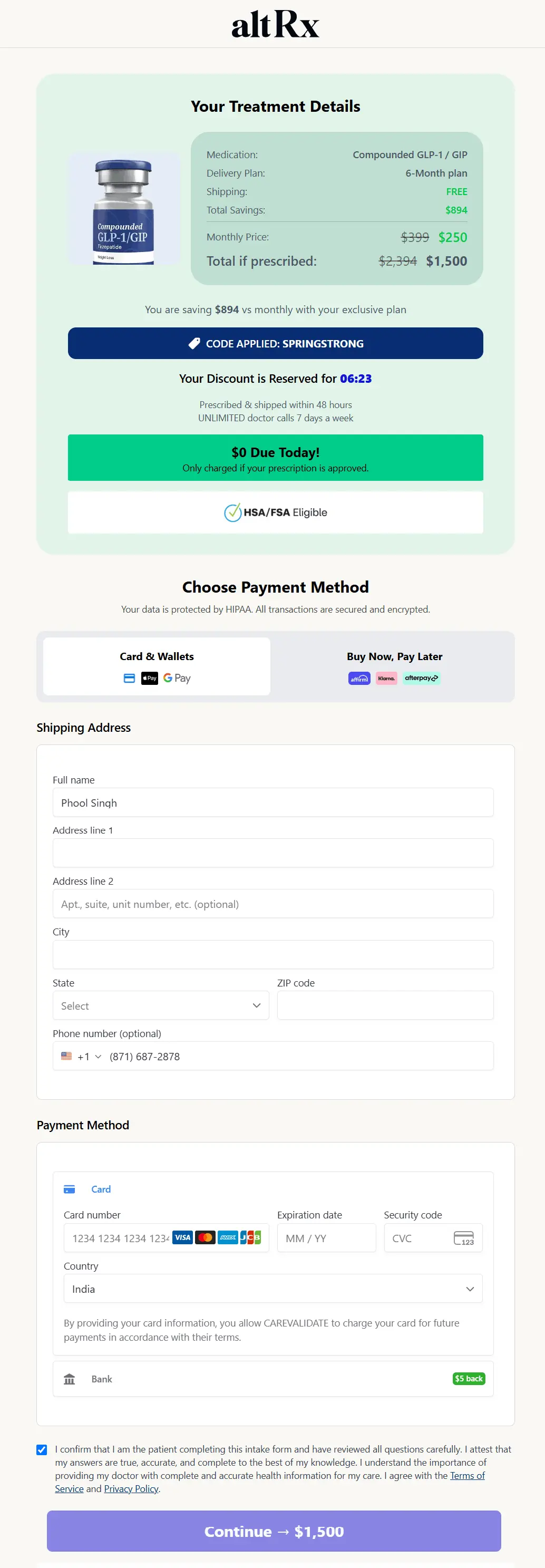 Altrx checkout page